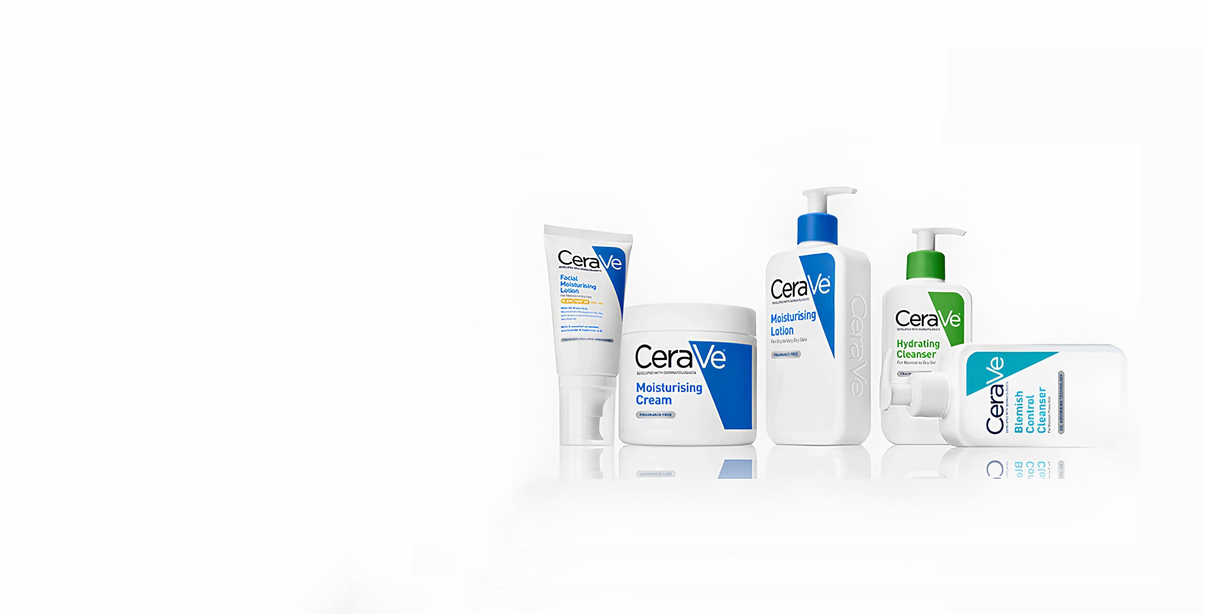 Five CeraVe skincare products, including a moisturizing cream, hydrating lotion, hydrating cleanser, and other items, are displayed against a white background. The packaging is predominantly white with blue and green accents.