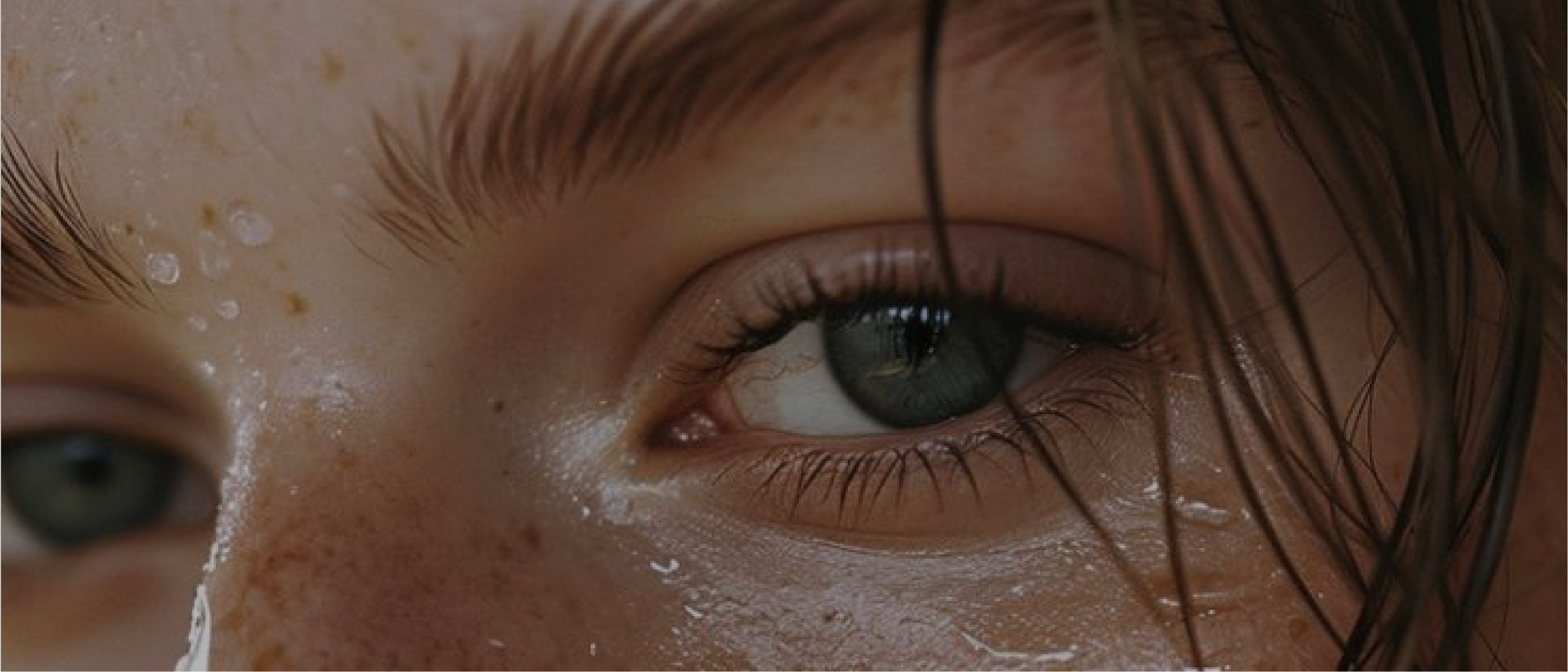 Close-up of a person's eye and surrounding skin. The skin is dewy with water droplets, and there are visible freckles. The eye is blue, and the focus is sharp on the lashes and brow. Wet hair partially frames the eye.