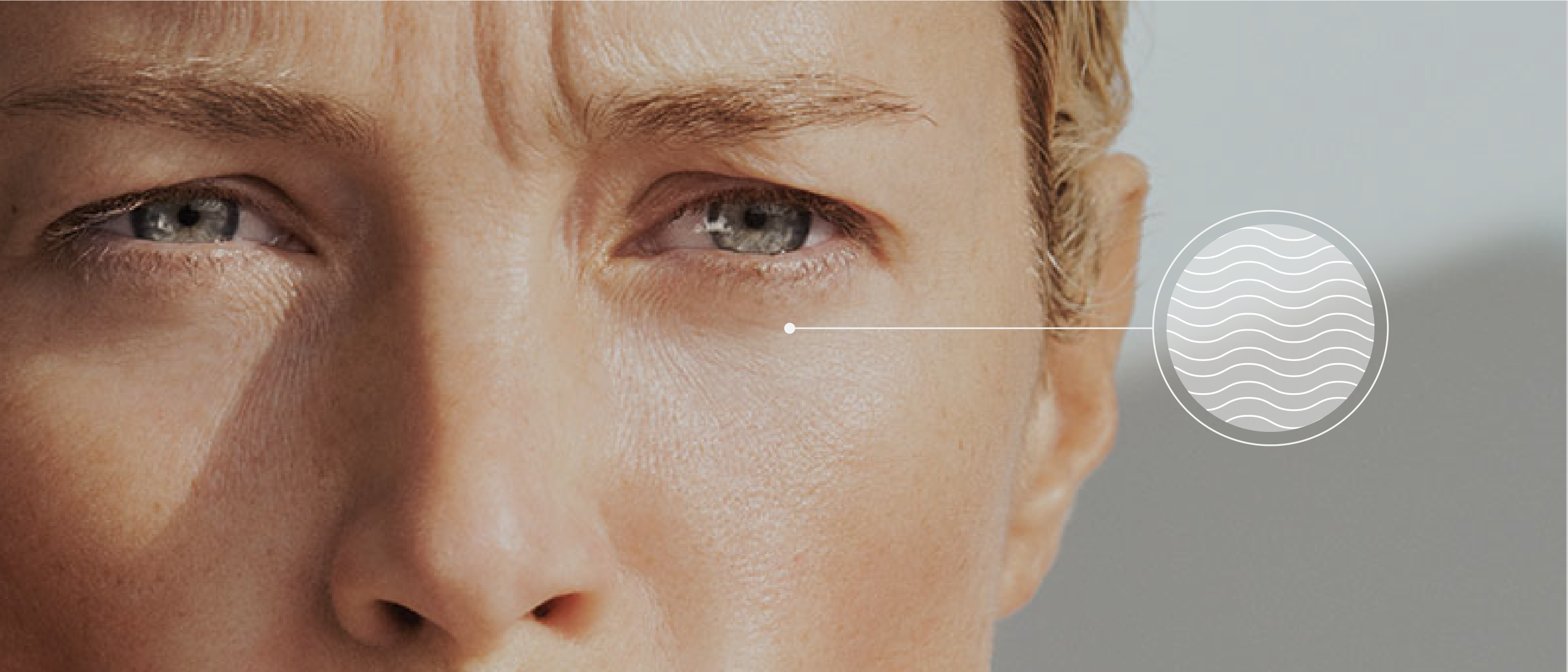 Close-up of a persons face focusing on their eyes with fine lines and wrinkles, with a graphic overlay on the right showing a circular icon featuring wavy lines, resembling ripples or texture.