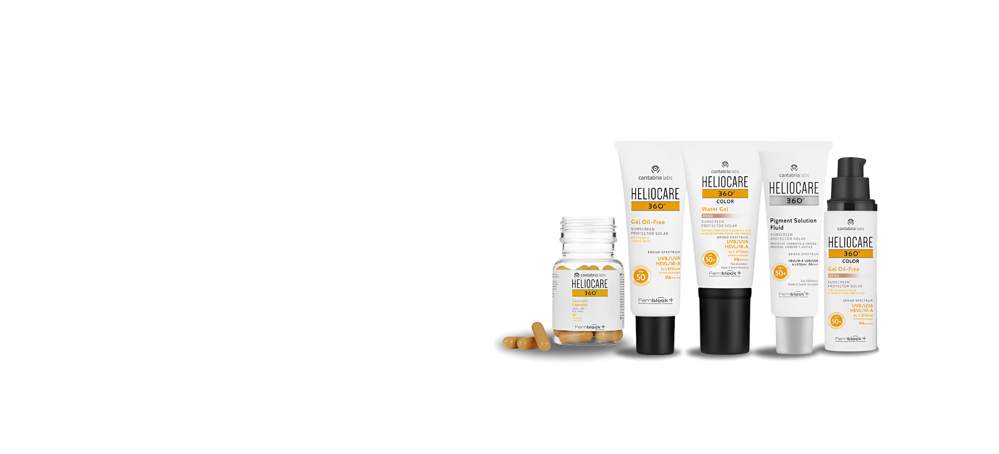 A lineup of five Heliocare 360° skincare products is displayed on a white background. The products include creams, a gel, capsules, and a spray, all featuring orange and white packaging.