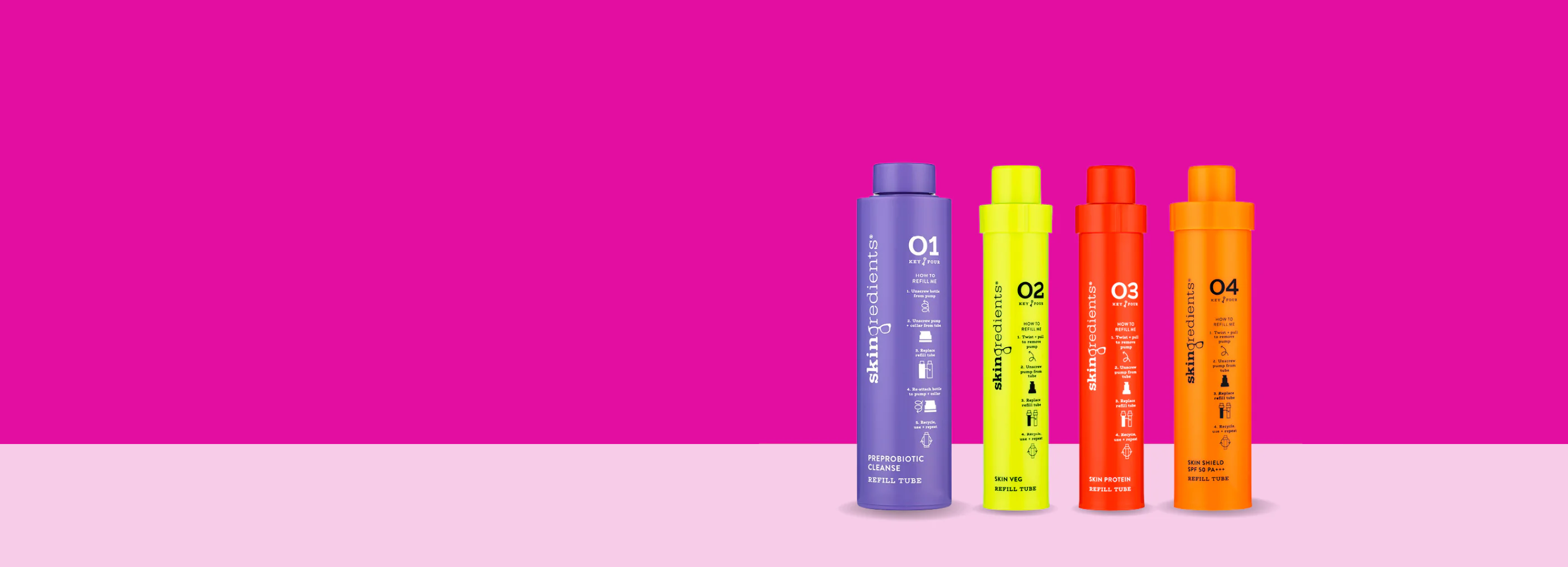 Four colorful bottles from Skingredients stand against a bright pink background. The bottles are purple, yellow, orange, and red, labeled O1 to O4 respectively, each featuring text and icons, suggesting they are part of a skincare or haircare product set.