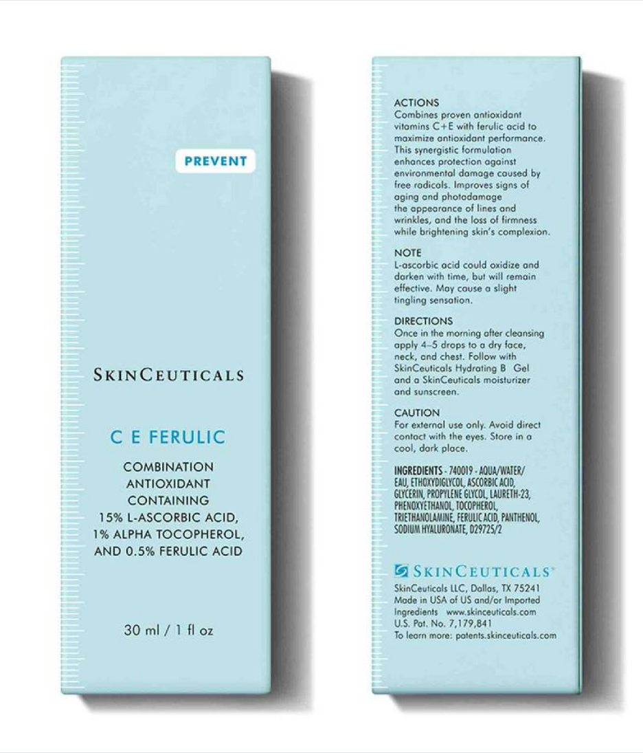 SkinCeuticals C E Ferulic skincare product packaging with detailed information on a white background.