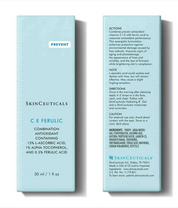 SkinCeuticals C E Ferulic skincare product packaging with detailed information on a white background.