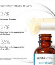 SkinCeuticals C E Ferulic bottle with clinical results text on a white background