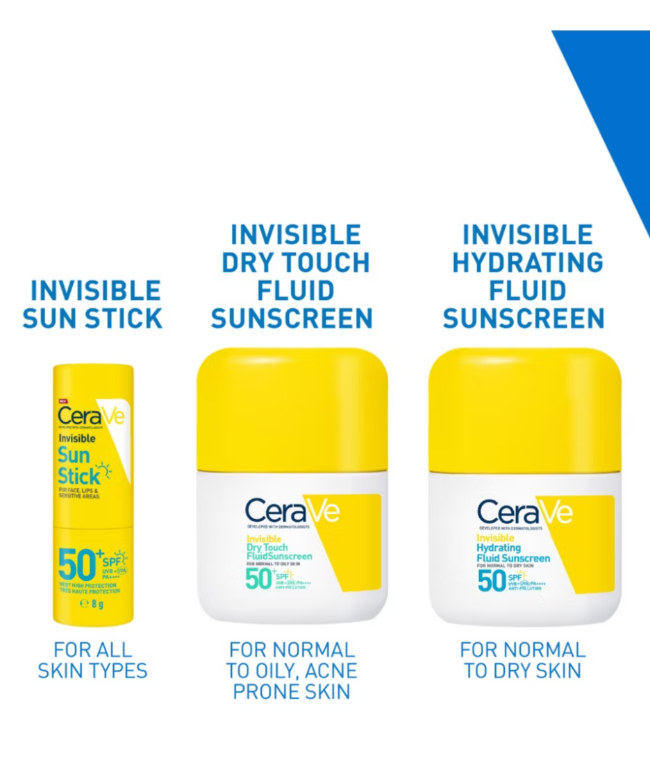CeraVe Invisible Sun Stick SPF50+ 8g product shot white background and routine products