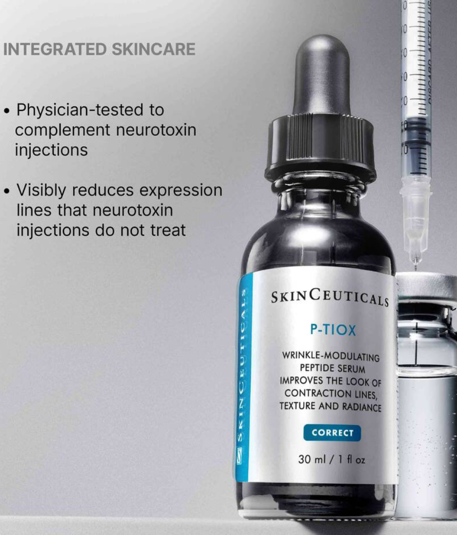 SkinCeuticals P-TIOX serum bottle with dropper on a gray background