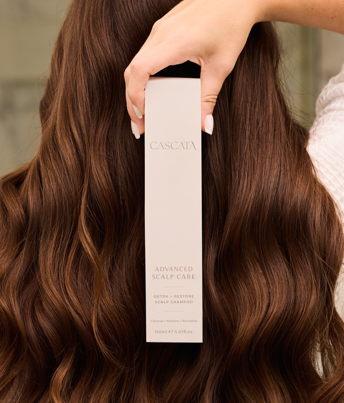 Cascata Detox + Restore Scalp Shampoo lifestyle hair model and product shot 
