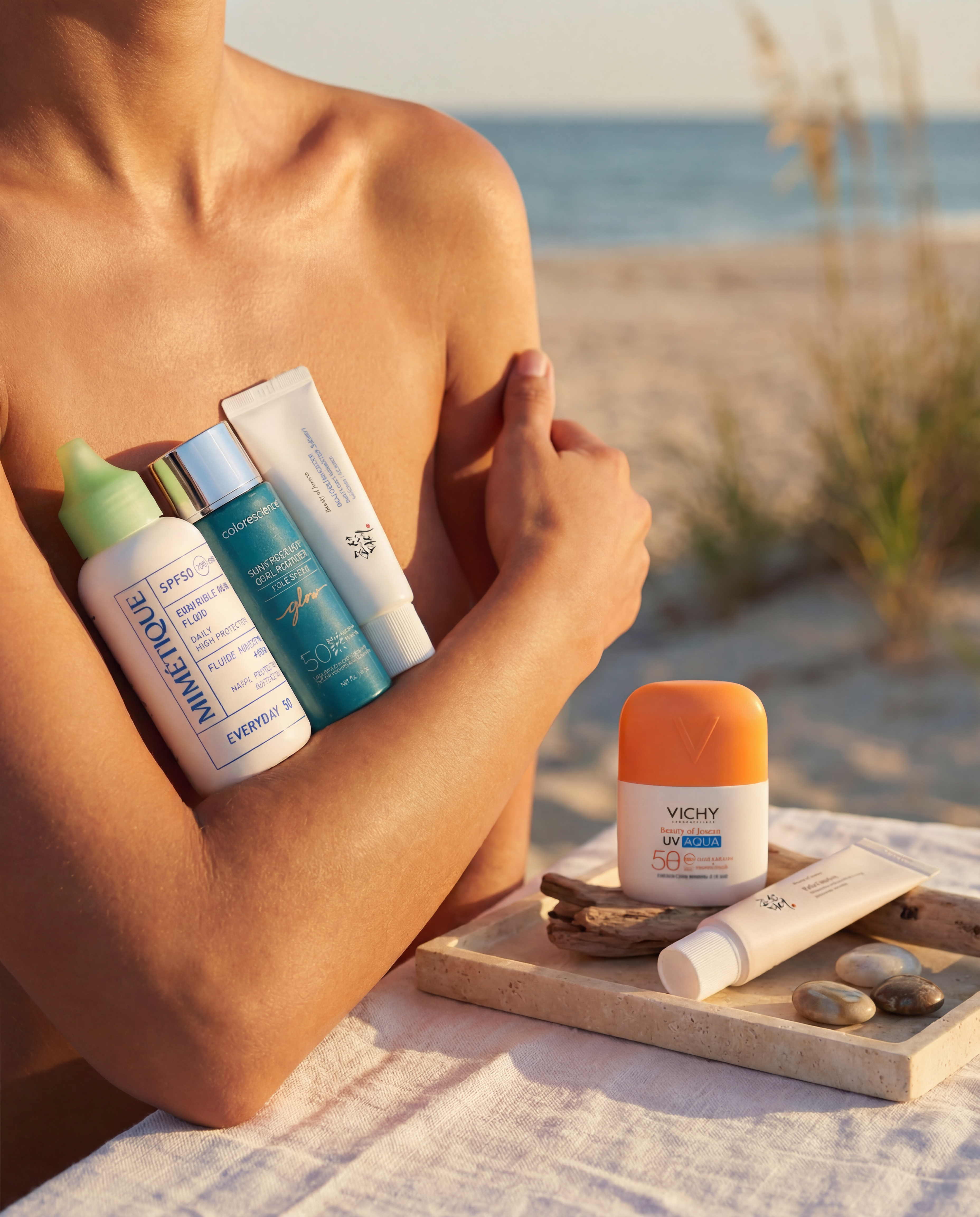 Model holding SPF while on the beach