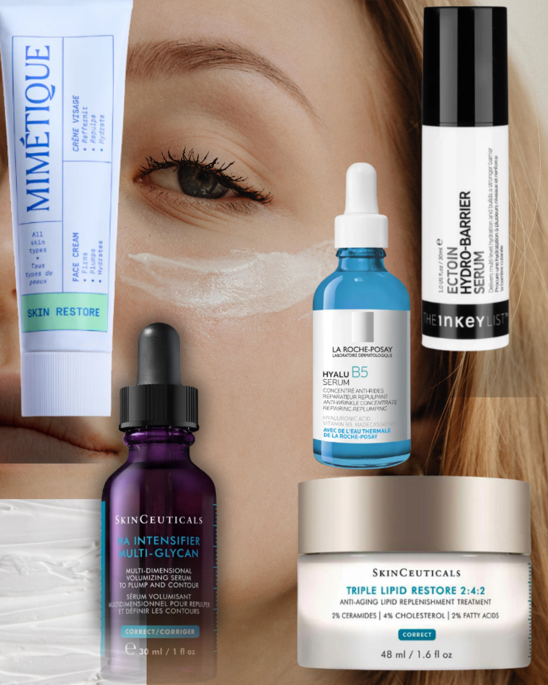 Collection of skincare products with a close-up of a woman's eye and skin.